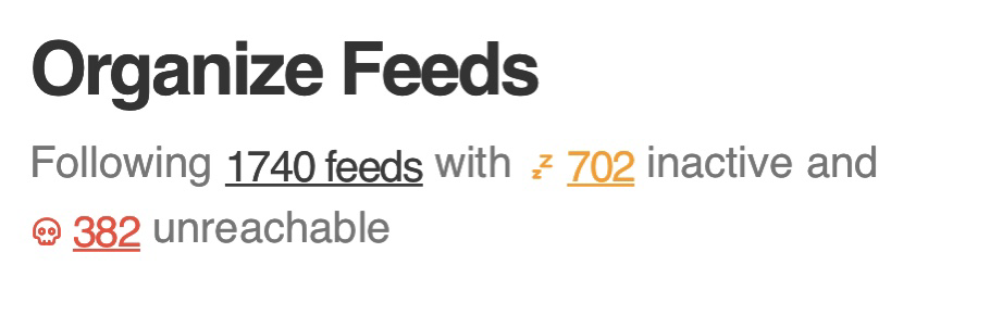 Screenshot: "1740 feeds. 702 inactive. 382 unreachable."